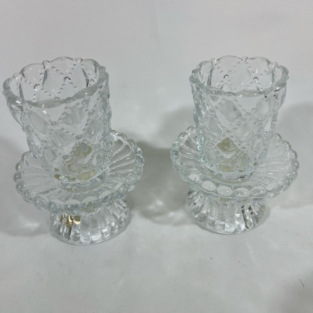 RETIRED PARTYLITE WILLIAMSBURG QUILTED CRYSTAL BOTIVE CANDLE HOLDERS PAIR PREOWN